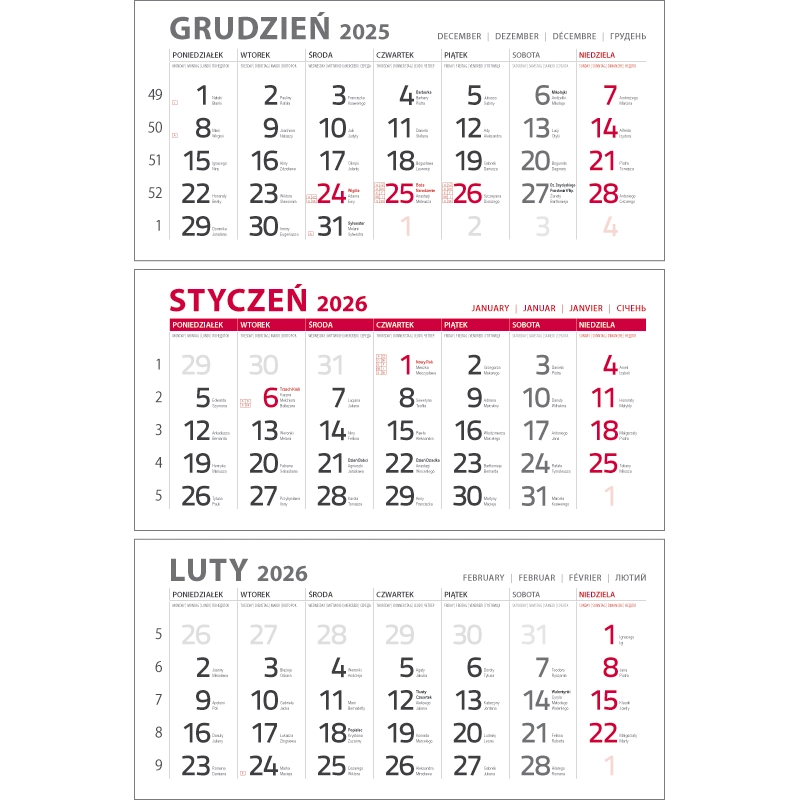 Kalendarium trójdzielne klasyczne CZERWONE | KTC133