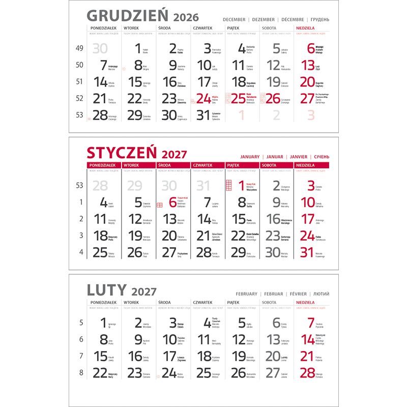 Kalendarium trójdzielne klasyczne CZERWONE | KTC133
